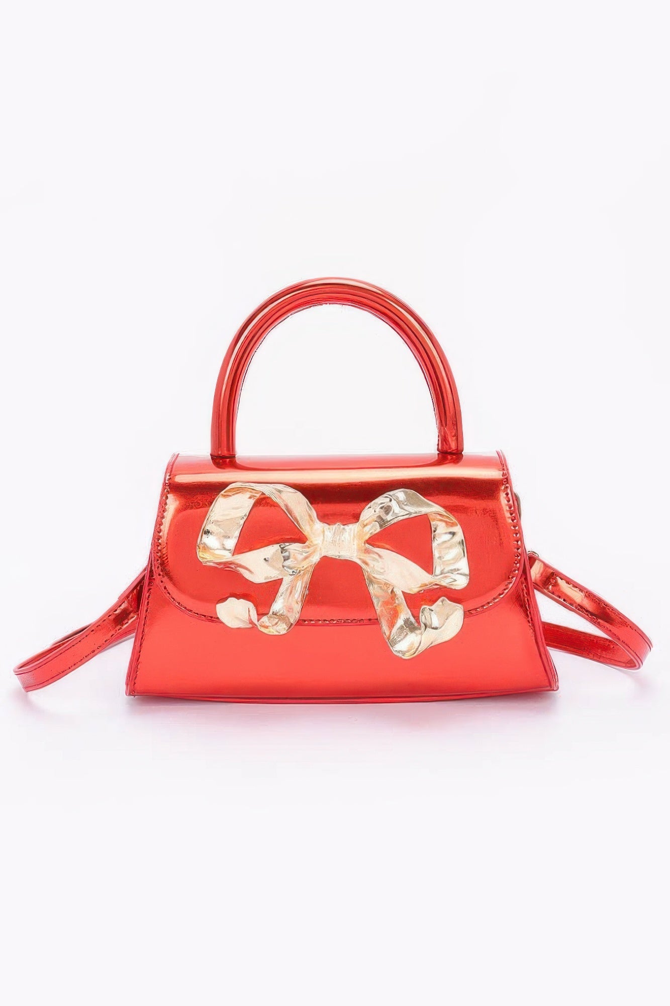 Faux Mirror Leather Ribbon Metal Top Handle Bag - Wear Arielle