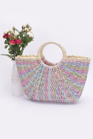 Faux Straw Multi Color Round Handle Tote Bag - Wear Arielle