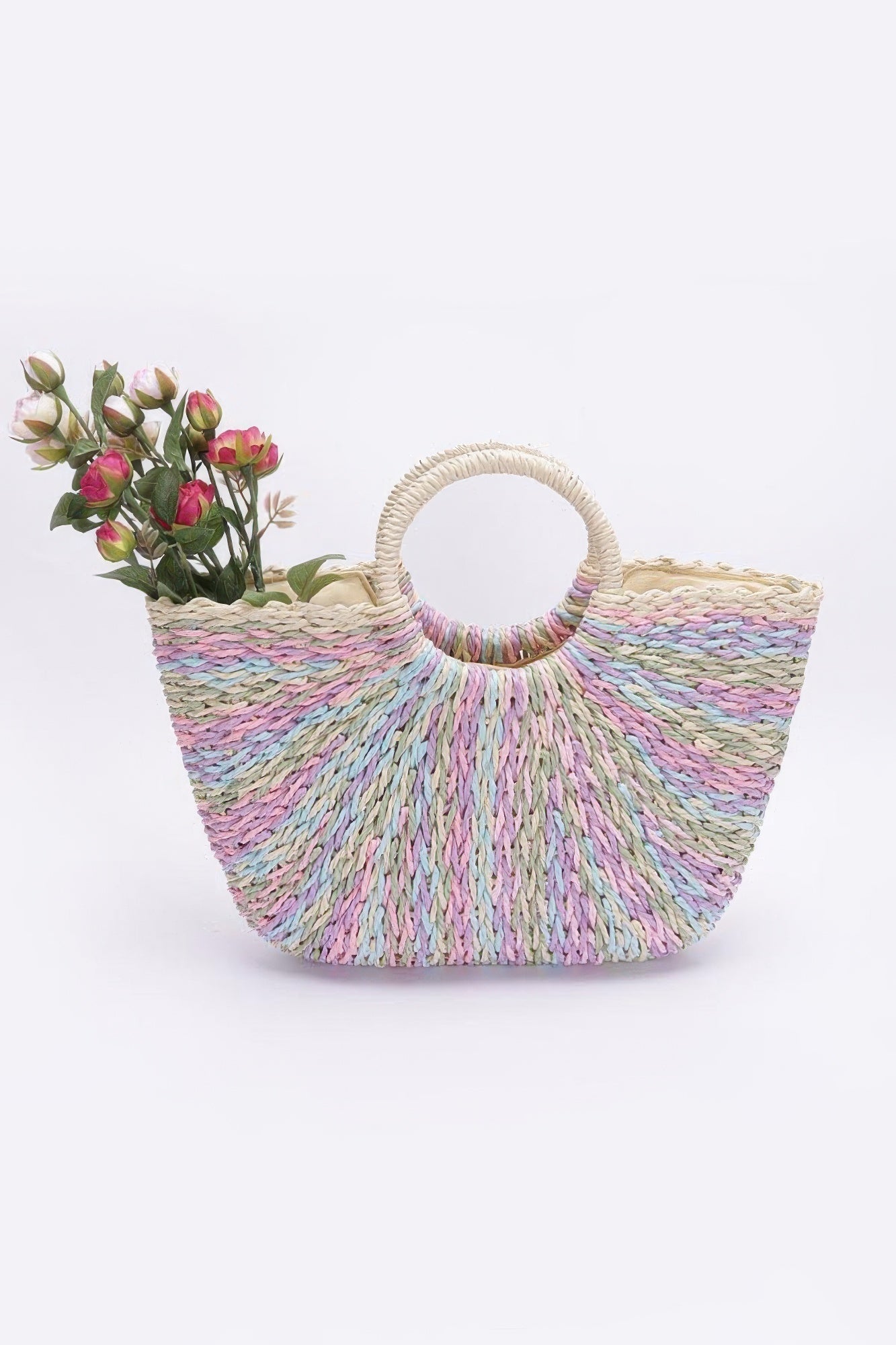 Faux Straw Multi Color Round Handle Tote Bag - Wear Arielle