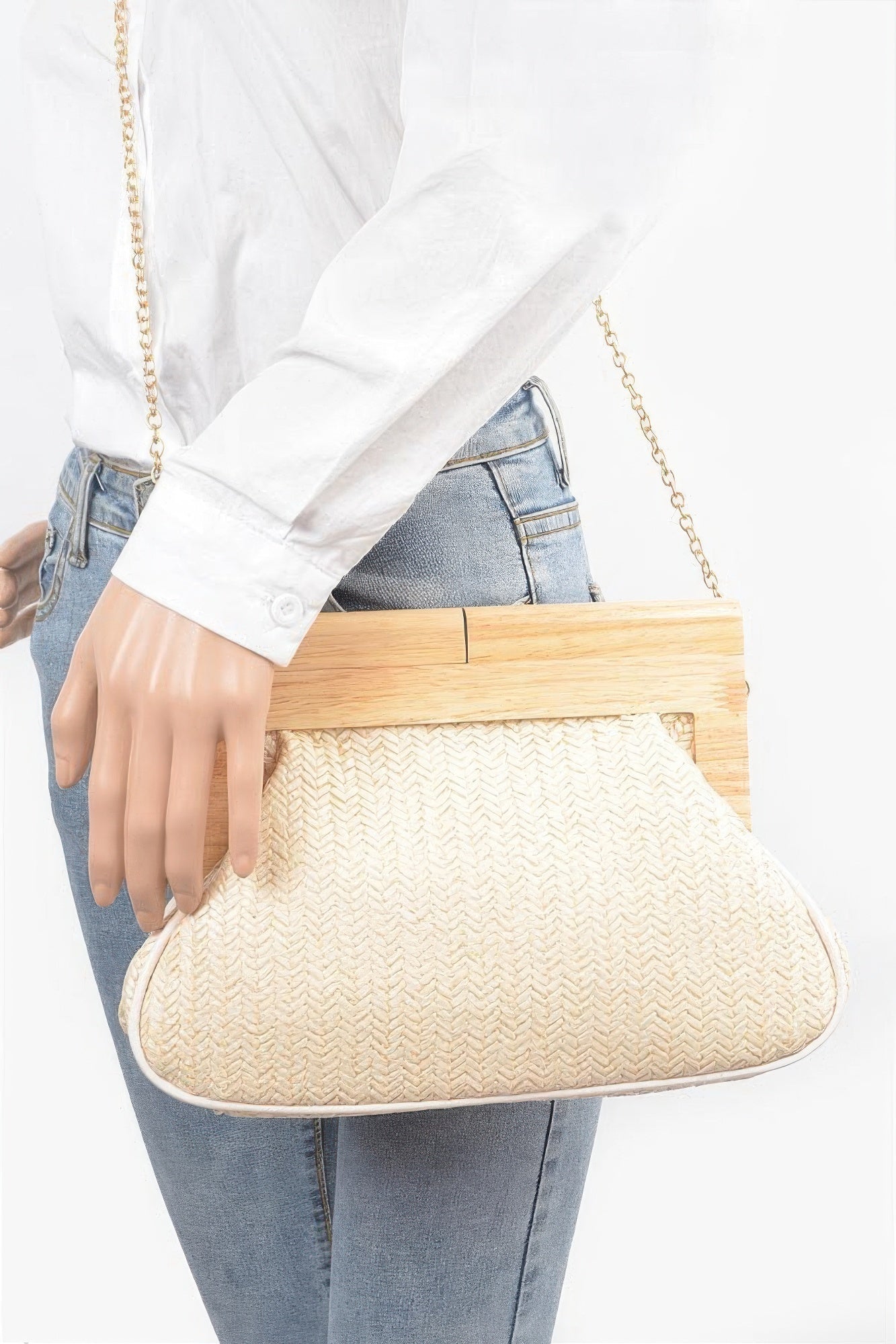 Faux Straw Wood Frame Clutch - Wear Arielle