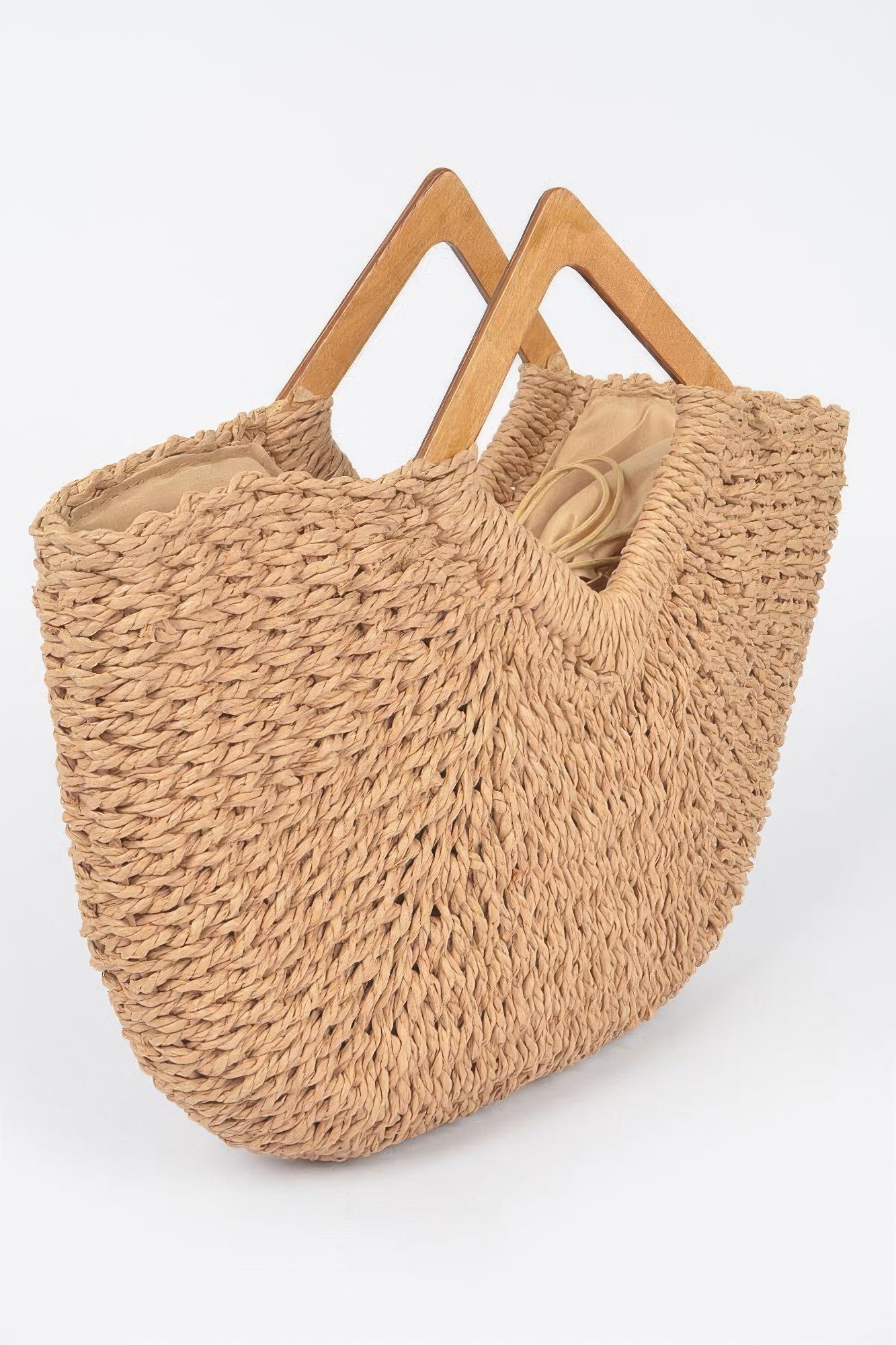 Faux Straw Wood Handle Tote Bag - Wear Arielle