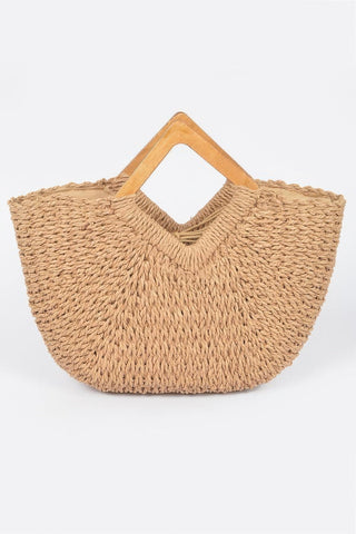 Faux Straw Wood Handle Tote Bag - Wear Arielle