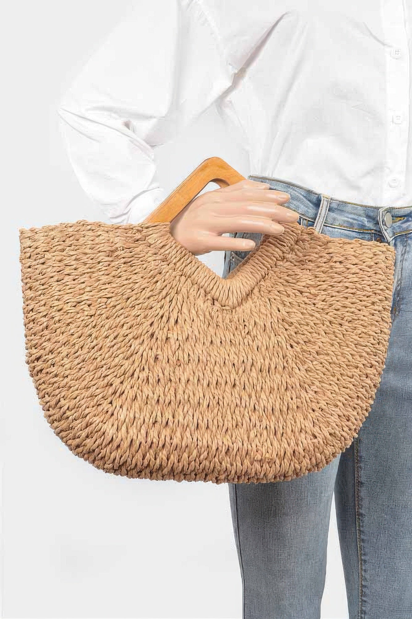 Faux Straw Wood Handle Tote Bag - Wear Arielle