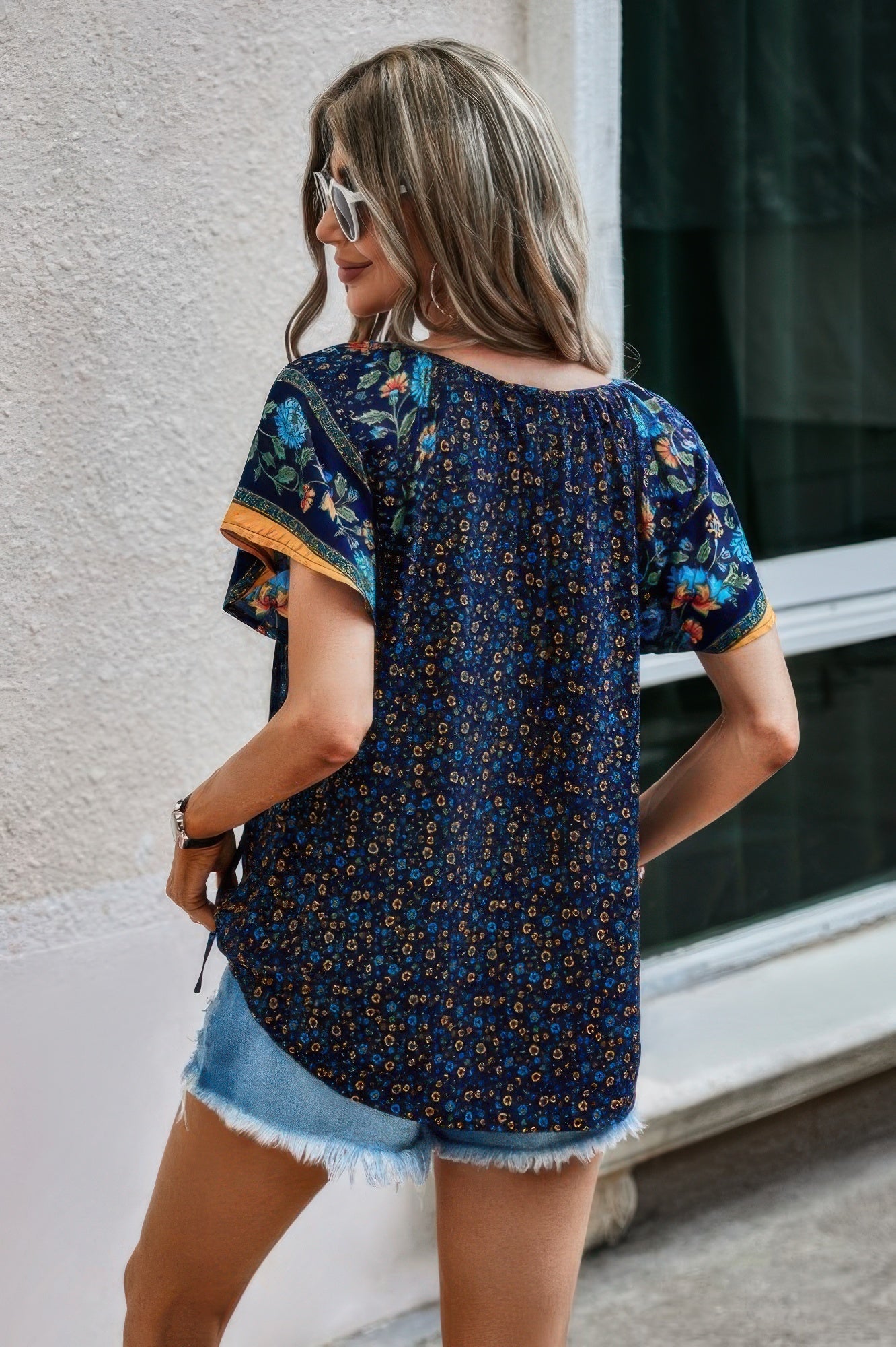 Floral Boho Ruffle V Neck Short Sleeve Loose Shirt - Wear Arielle
