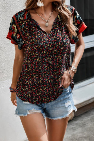 Floral Boho Ruffle V Neck Short Sleeve Loose Shirt - Wear Arielle