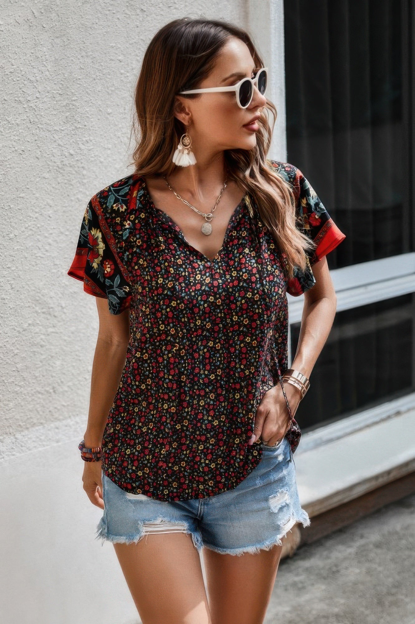 Floral Boho Ruffle V Neck Short Sleeve Loose Shirt - Wear Arielle