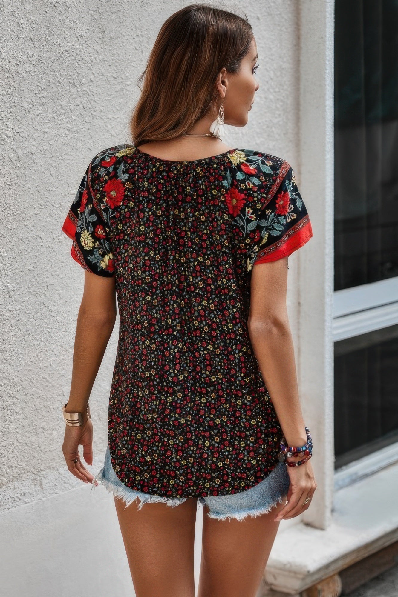 Floral Boho Ruffle V Neck Short Sleeve Loose Shirt - Wear Arielle
