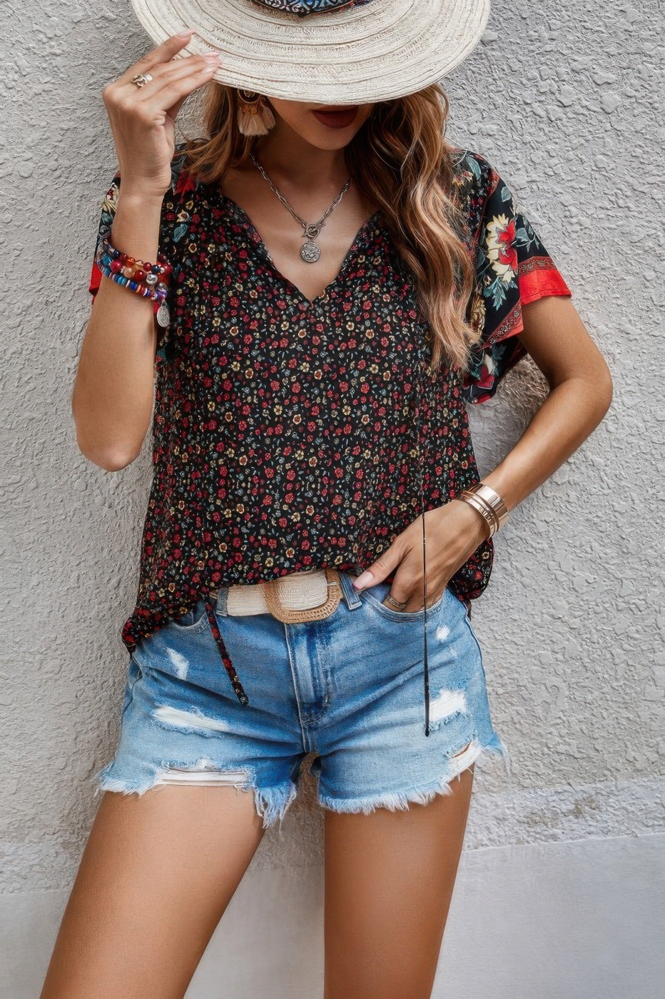 Floral Boho Ruffle V Neck Short Sleeve Loose Shirt - Wear Arielle