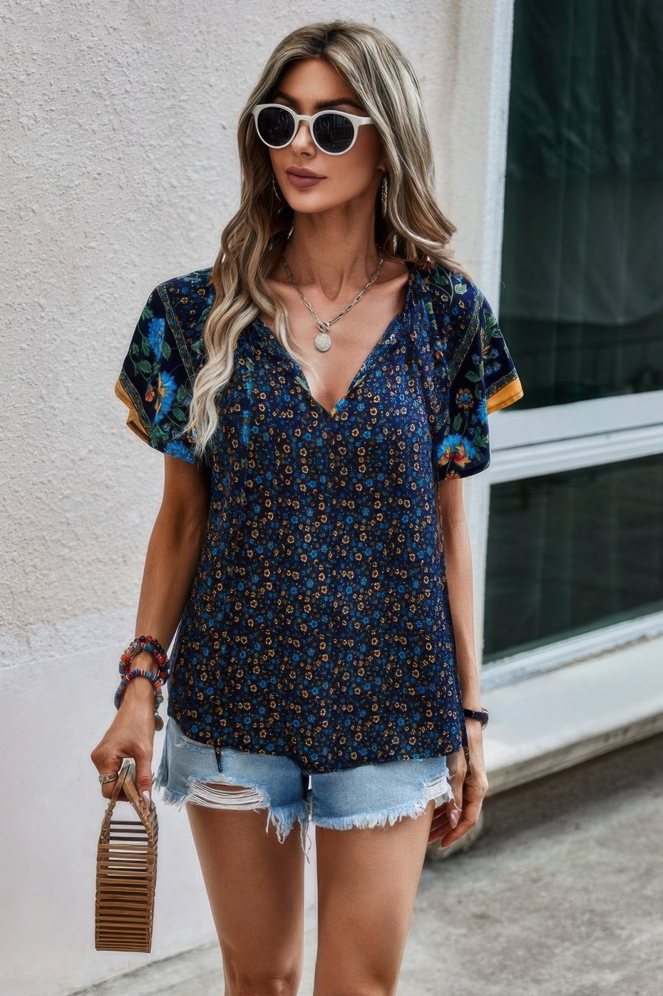 Floral Boho Ruffle V Neck Short Sleeve Loose Shirt - Wear Arielle