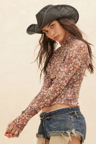 Floral - print Mesh Cropped Mock - neckthumbhole Top - Wear Arielle