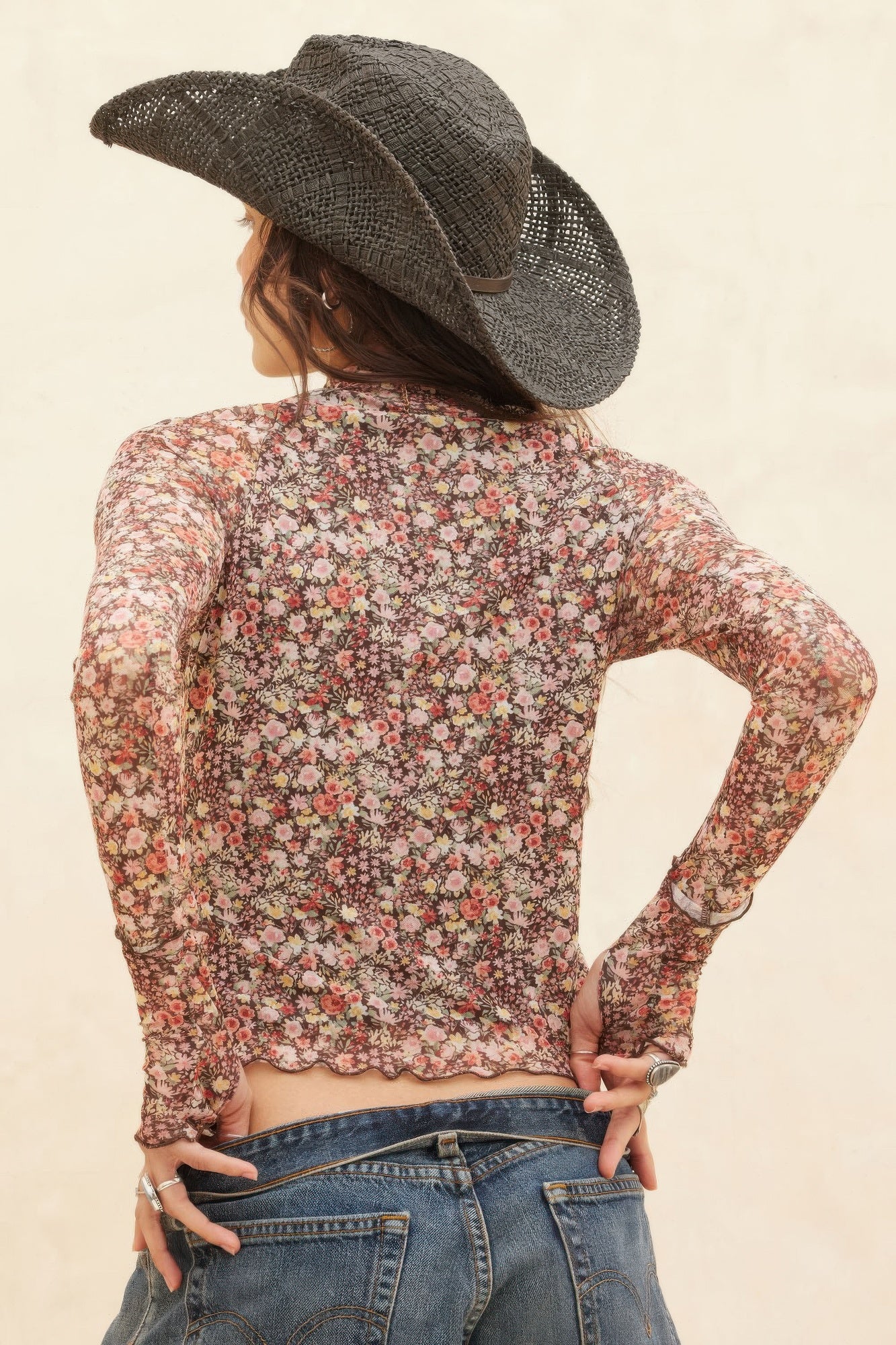 Floral - print Mesh Cropped Mock - neckthumbhole Top - Wear Arielle