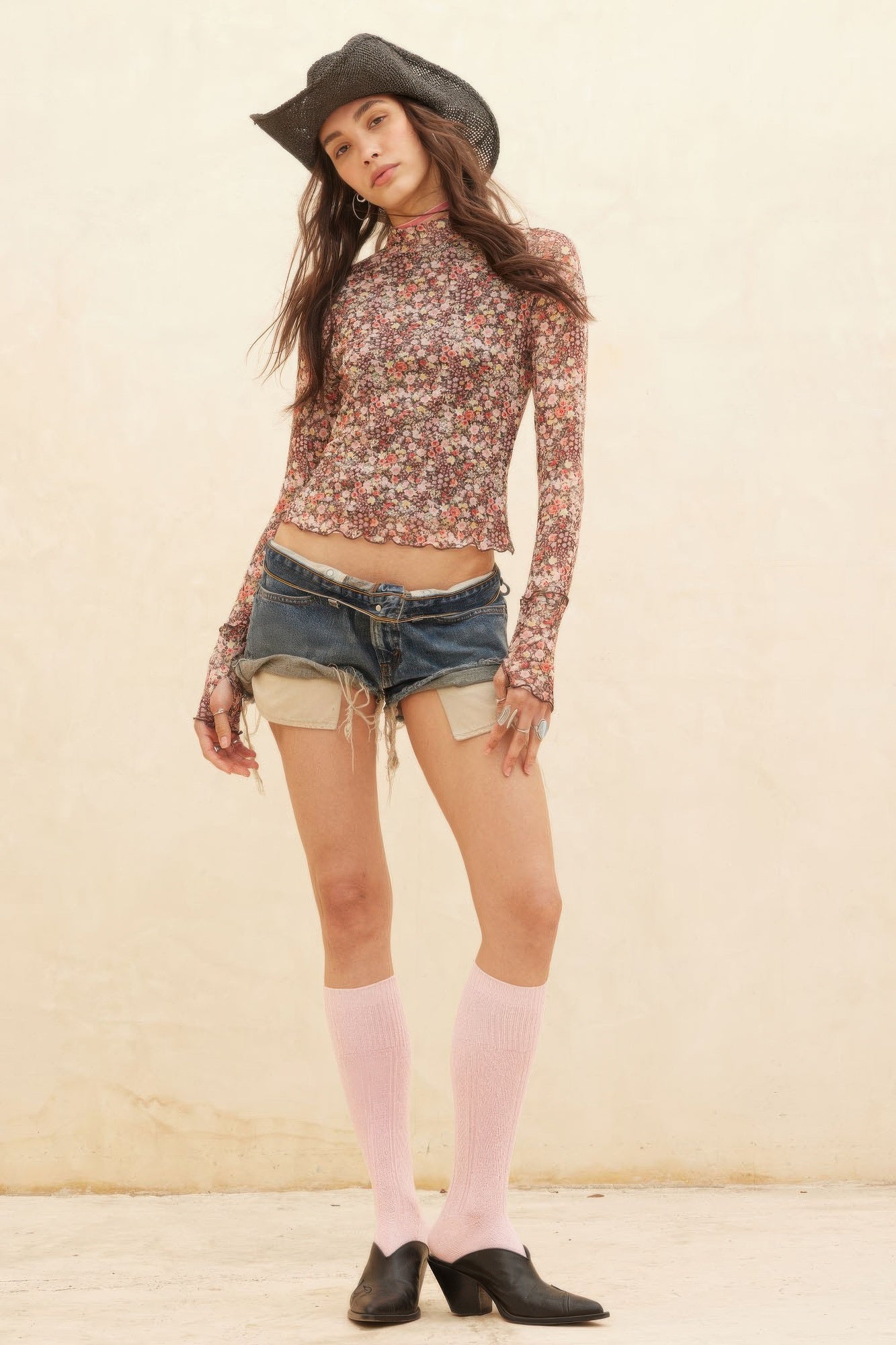 Floral - print Mesh Cropped Mock - neckthumbhole Top - Wear Arielle