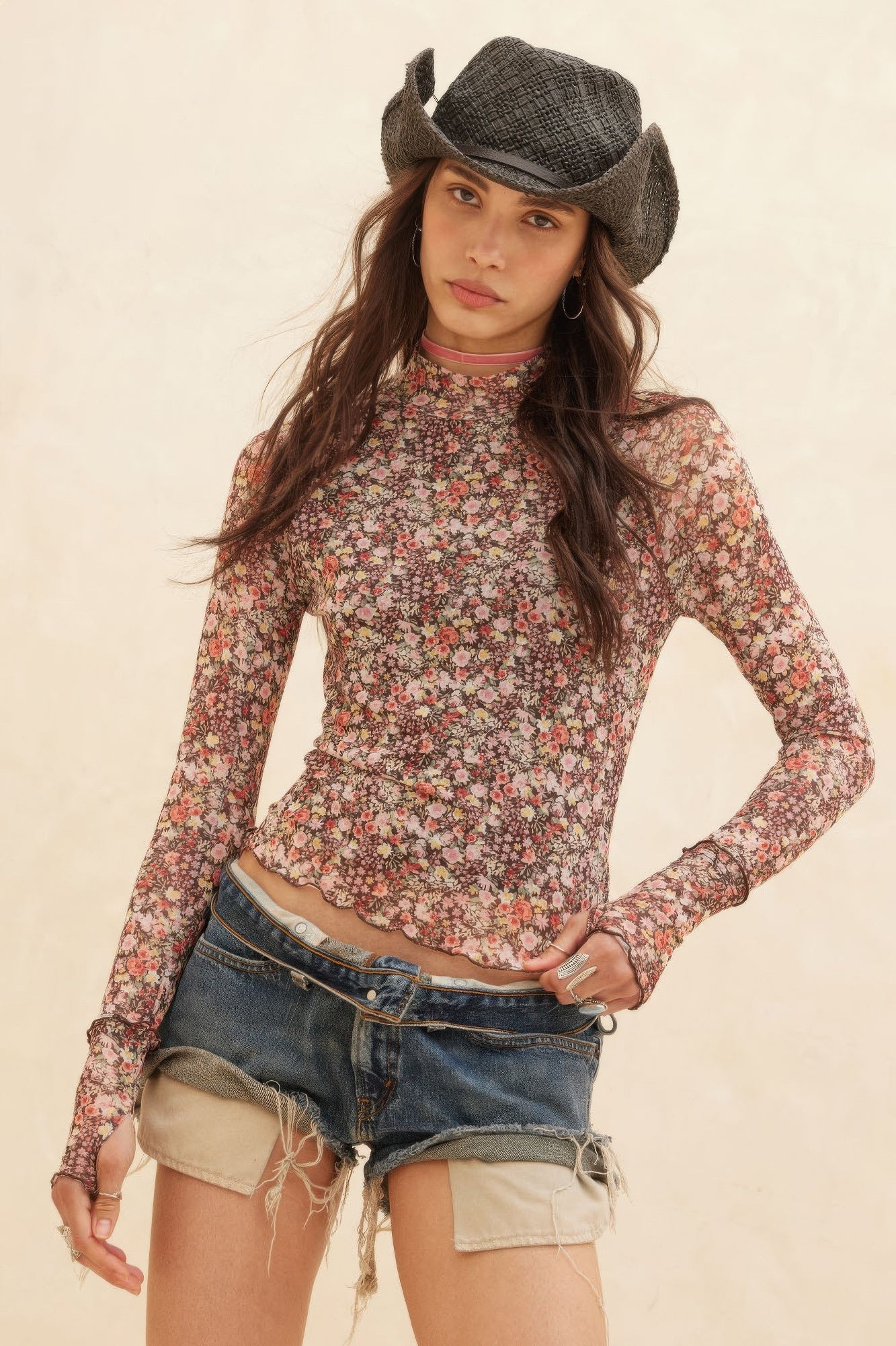 Floral - print Mesh Cropped Mock - neckthumbhole Top - Wear Arielle