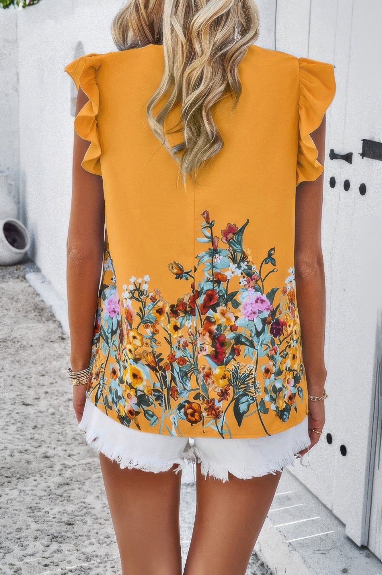 Floral Print Round Neck Ruched Loose Fit Top - Wear Arielle