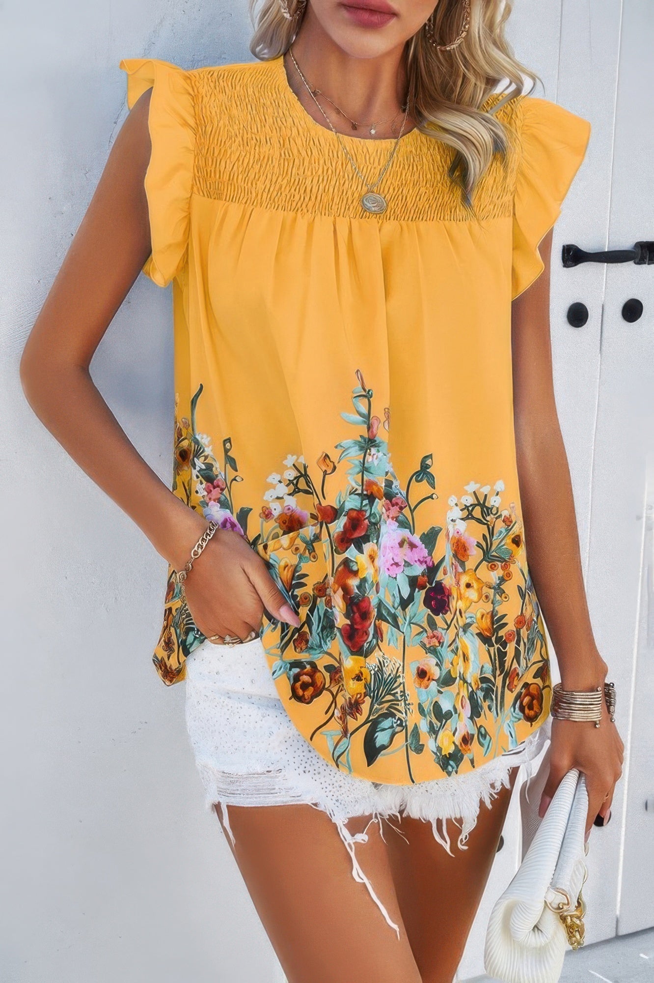 Floral Print Round Neck Ruched Loose Fit Top - Wear Arielle