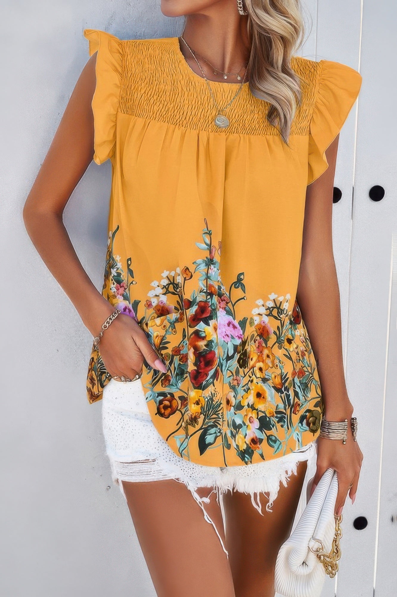 Floral Print Round Neck Ruched Loose Fit Top - Wear Arielle