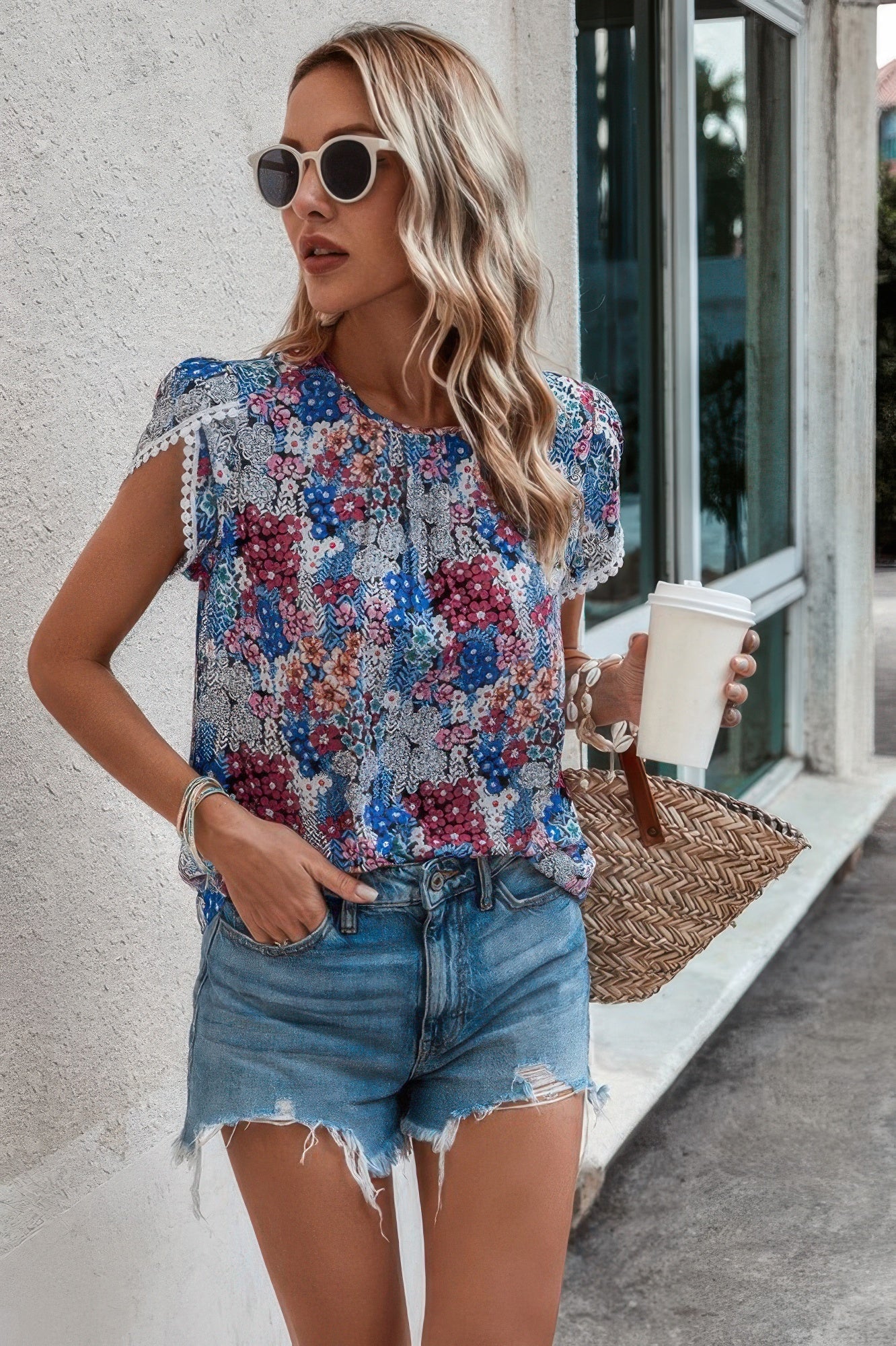 Floral Round Neck Lace Trimmed Fit Blouse - Wear Arielle