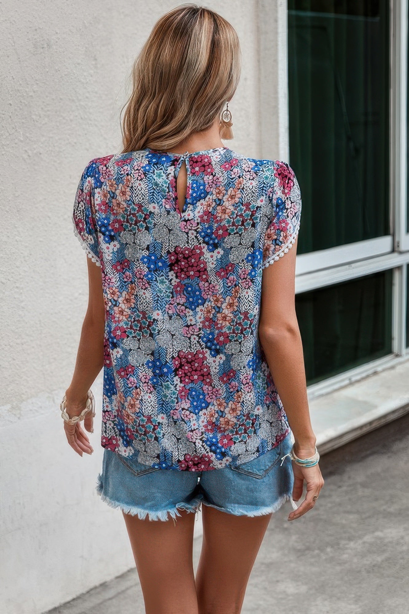 Floral Round Neck Lace Trimmed Fit Blouse - Wear Arielle