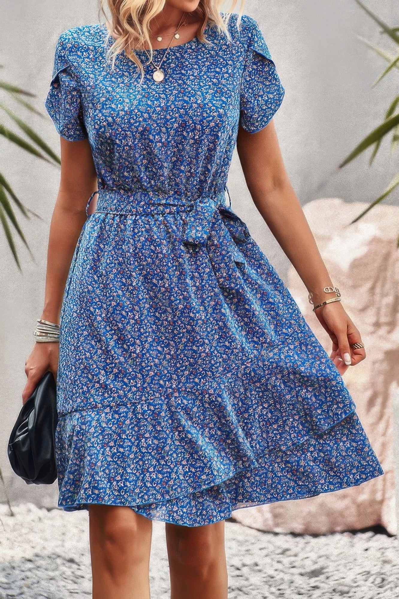 Floral Round Neck Slim Tiered A Line Ruffle Dress - Wear Arielle