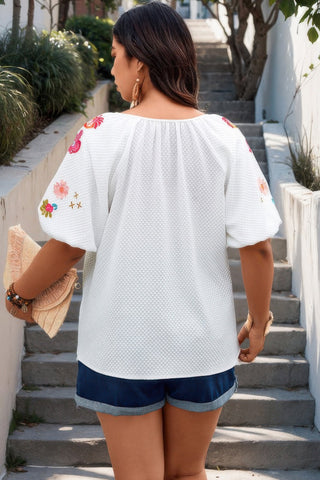 Floral V Neck Ruffle Puff Sleeve Lace Blouse - Wear Arielle