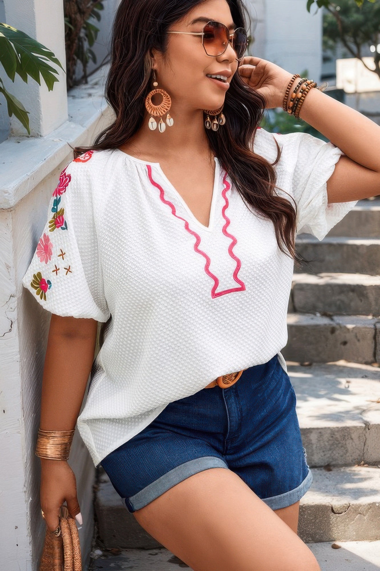 Floral V Neck Ruffle Puff Sleeve Lace Blouse - Wear Arielle