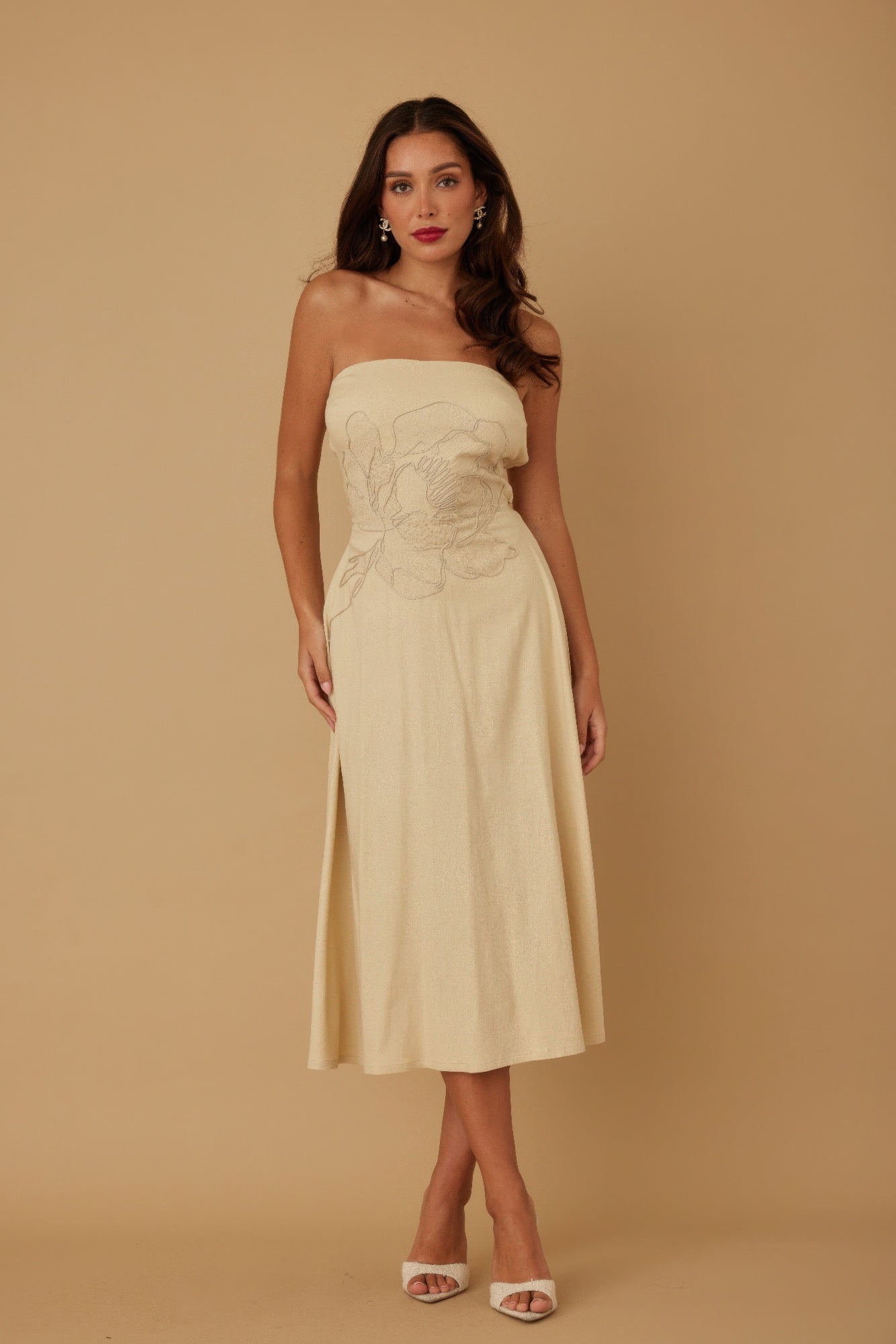 Flower Lining Linen Pattern Strapless Dress - Wear Arielle