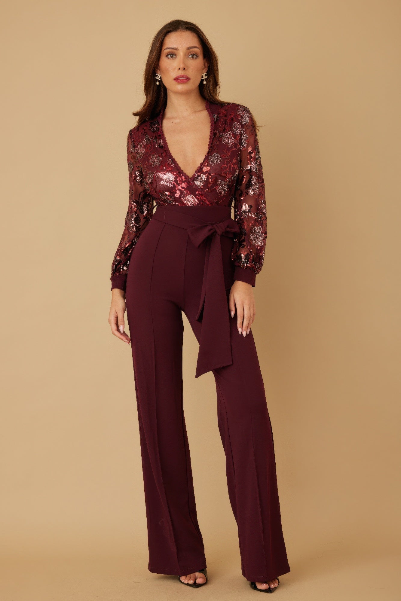 Flower Vein Sequin Print Jumpsuit - Wear Arielle