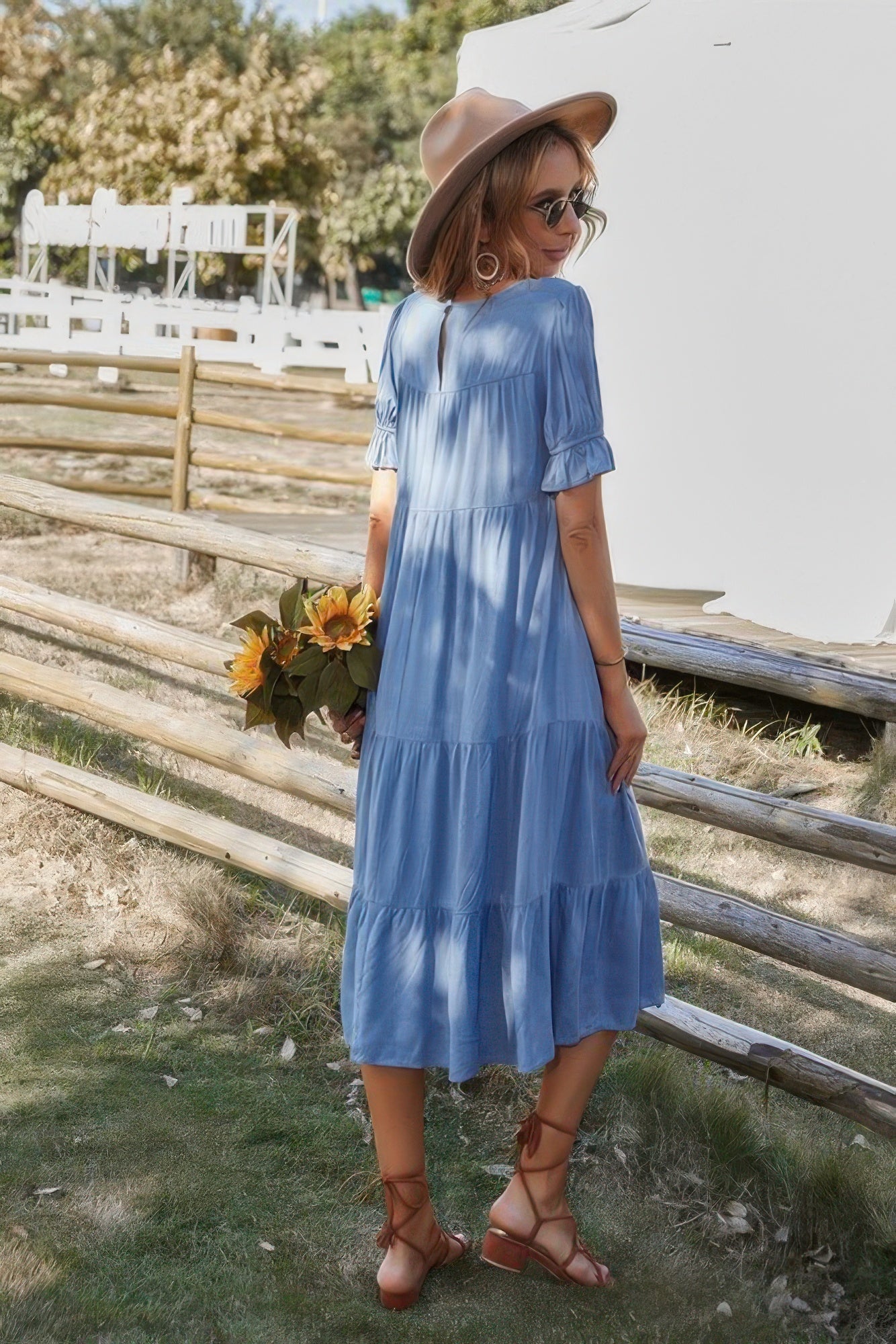 Flowy Pleated Short Sleeve Solid Midi Dress - Wear Arielle