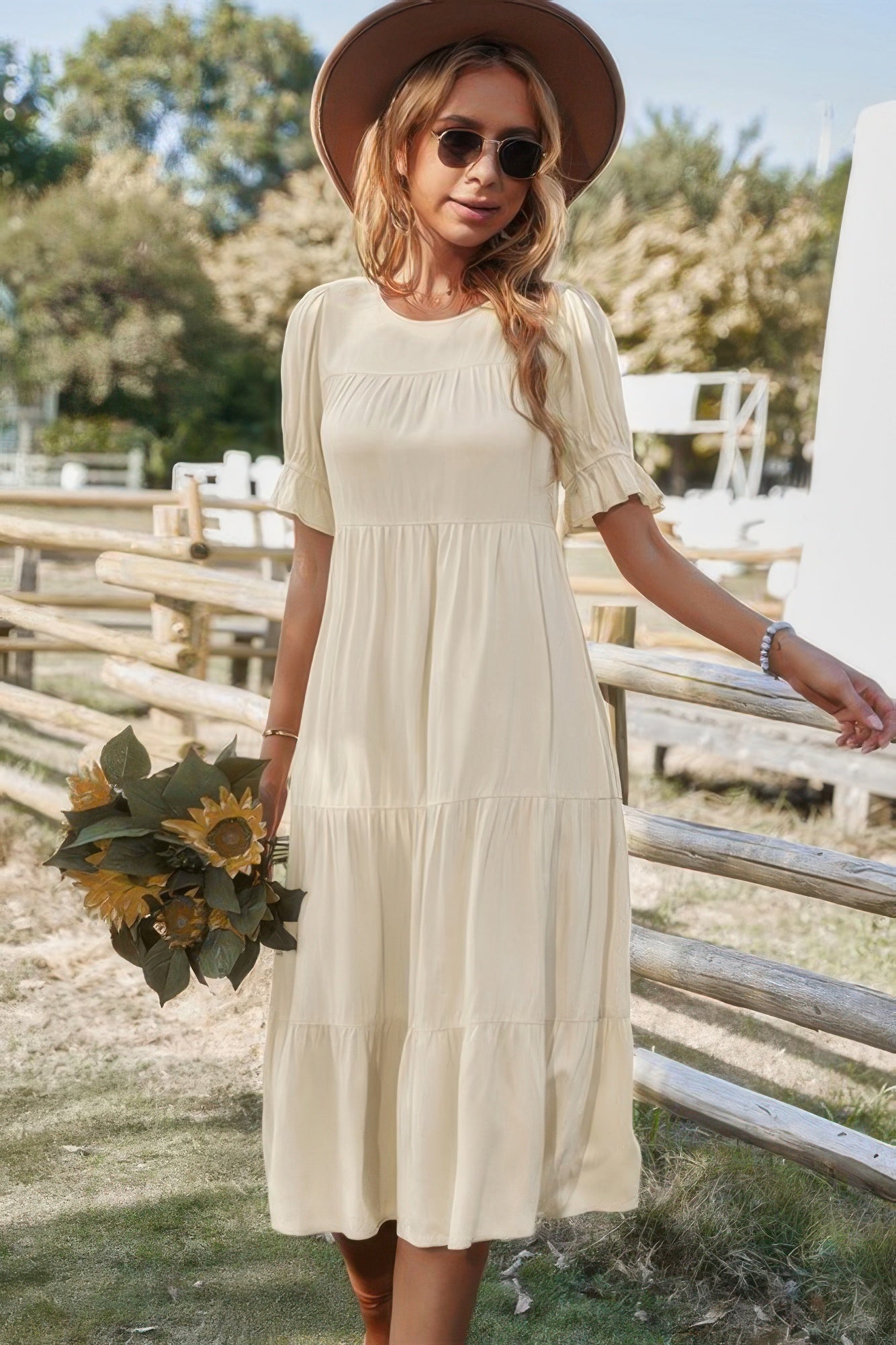 Flowy Pleated Short Sleeve Solid Midi Dress - Wear Arielle