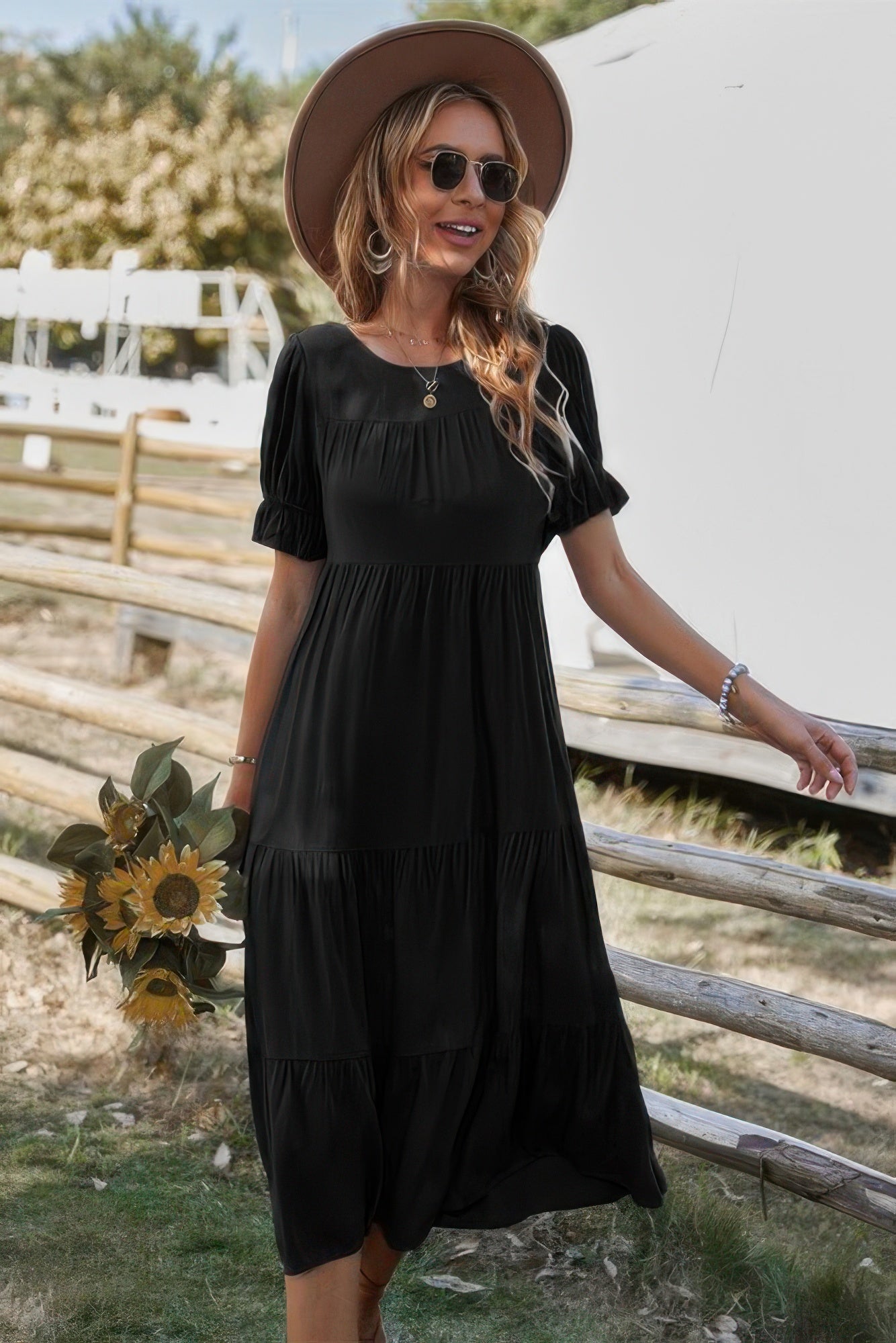 Flowy Pleated Short Sleeve Solid Midi Dress - Wear Arielle