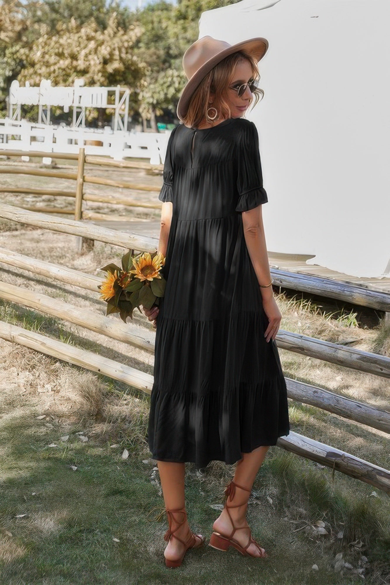 Flowy Pleated Short Sleeve Solid Midi Dress - Wear Arielle