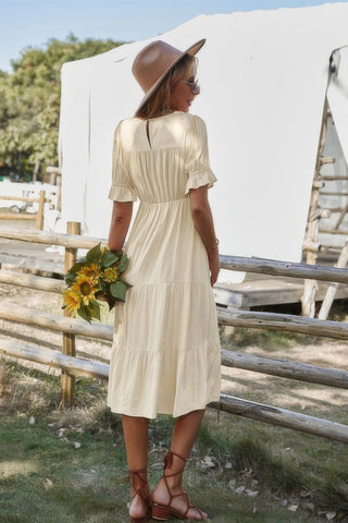 Flowy Pleated Short Sleeve Solid Midi Dress - Wear Arielle