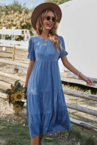 Flowy Pleated Short Sleeve Solid Midi Dress - Wear Arielle