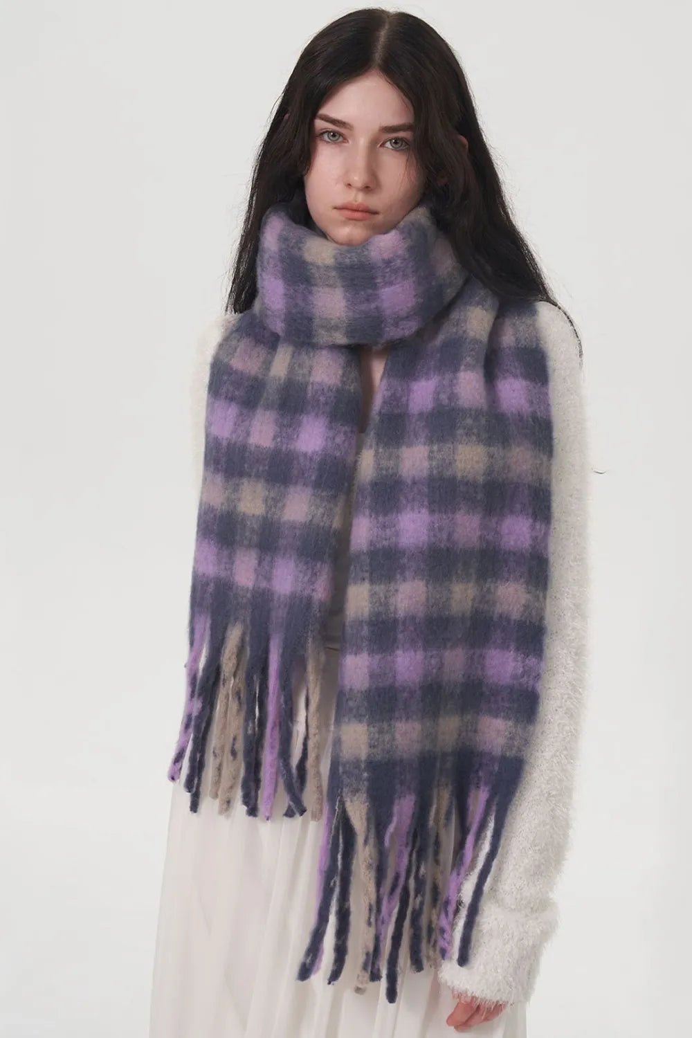 Fringe Plaid Polyester Scarf - Wear Arielle