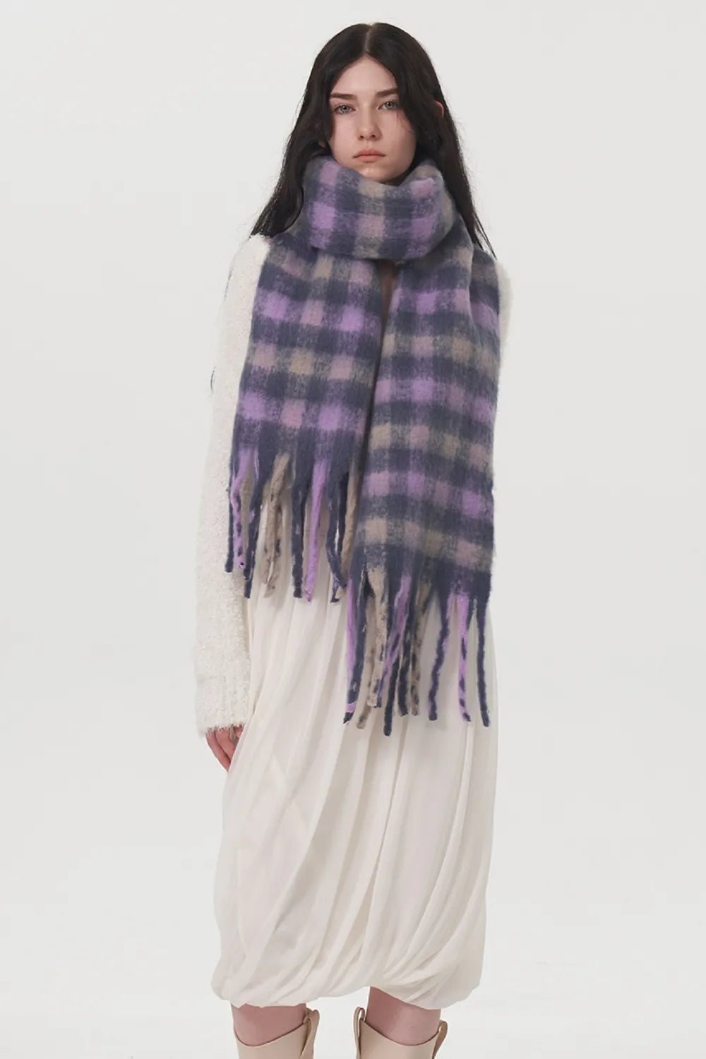 Fringe Plaid Polyester Scarf - Wear Arielle