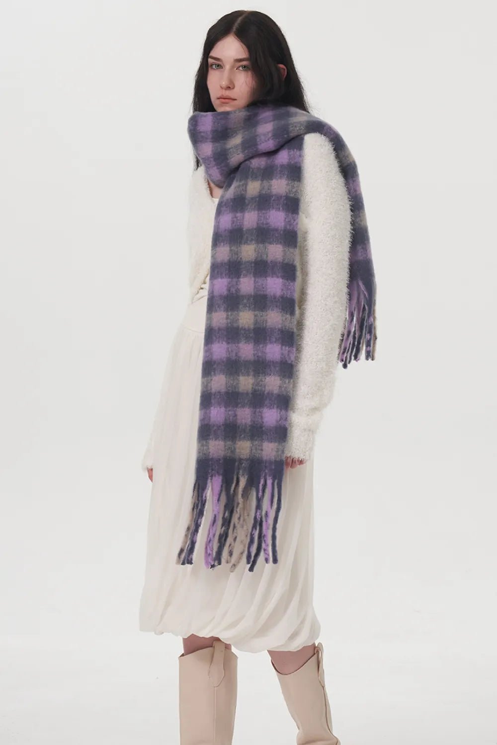 Fringe Plaid Polyester Scarf - Wear Arielle