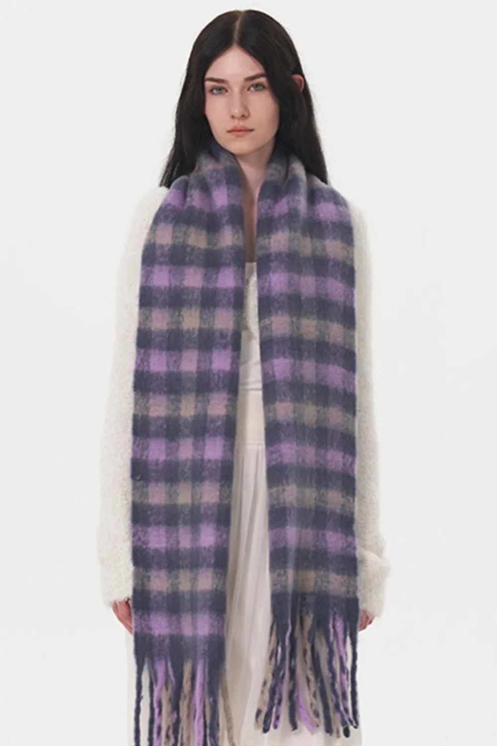 Fringe Plaid Polyester Scarf - Wear Arielle