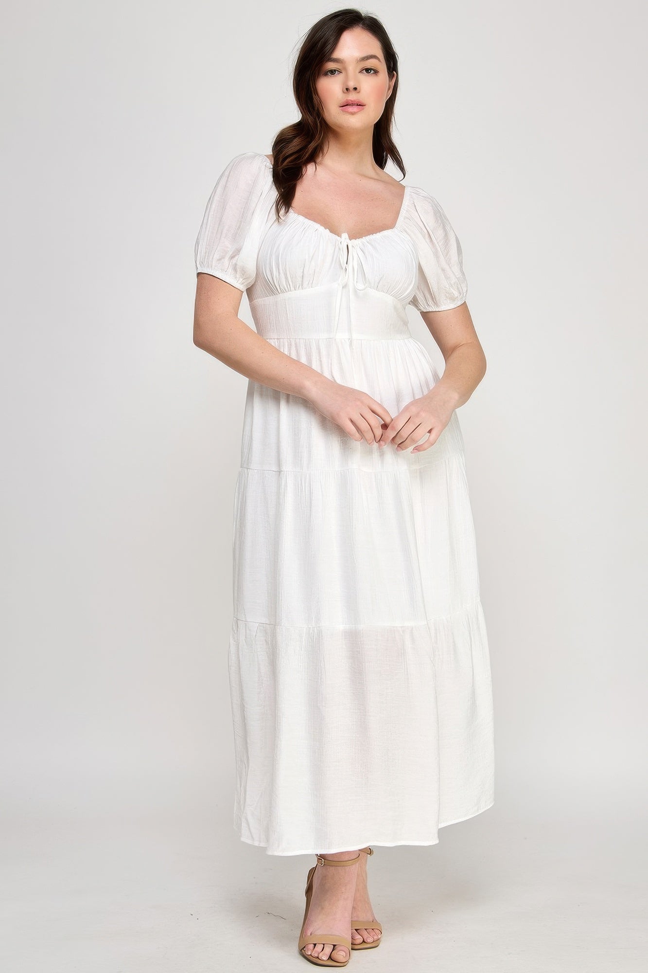 Front Tie Puff Sleeve Tired Maxi Dress - Wear Arielle