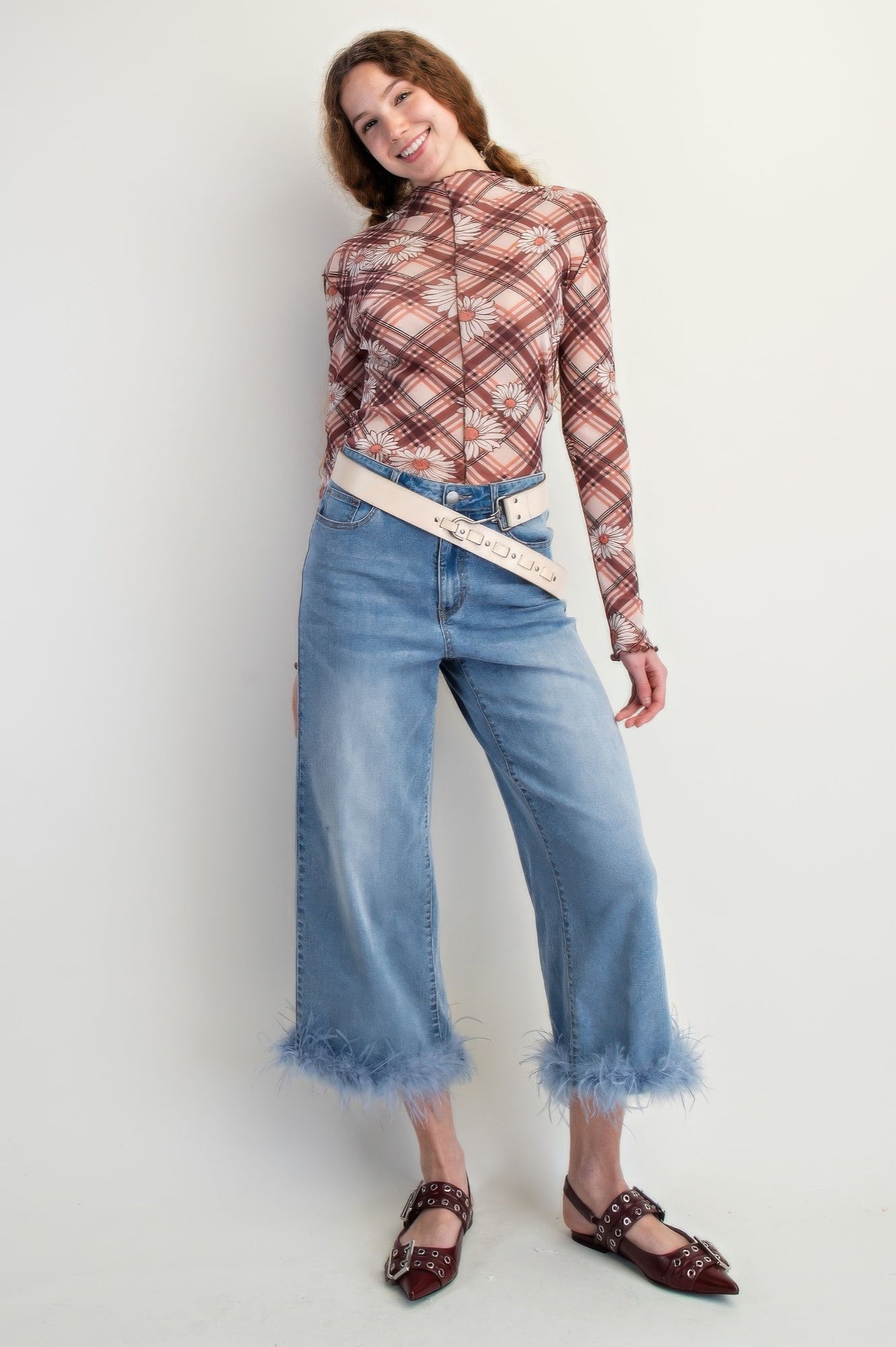 Fur Bottom Hem Washed Stretch Denim Pants - Wear Arielle