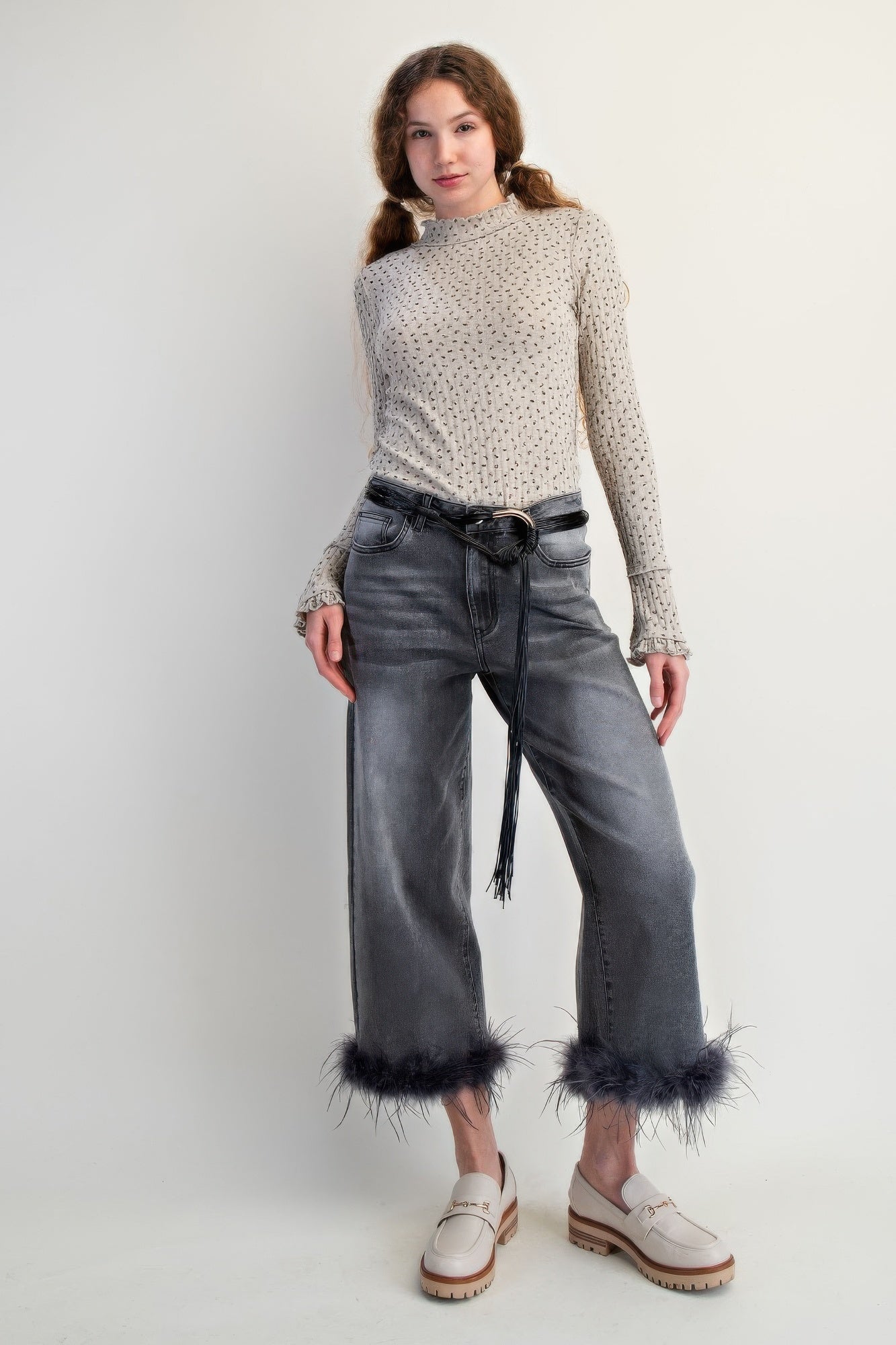 Fur Bottom Hem Washed Stretch Denim Pants - Wear Arielle