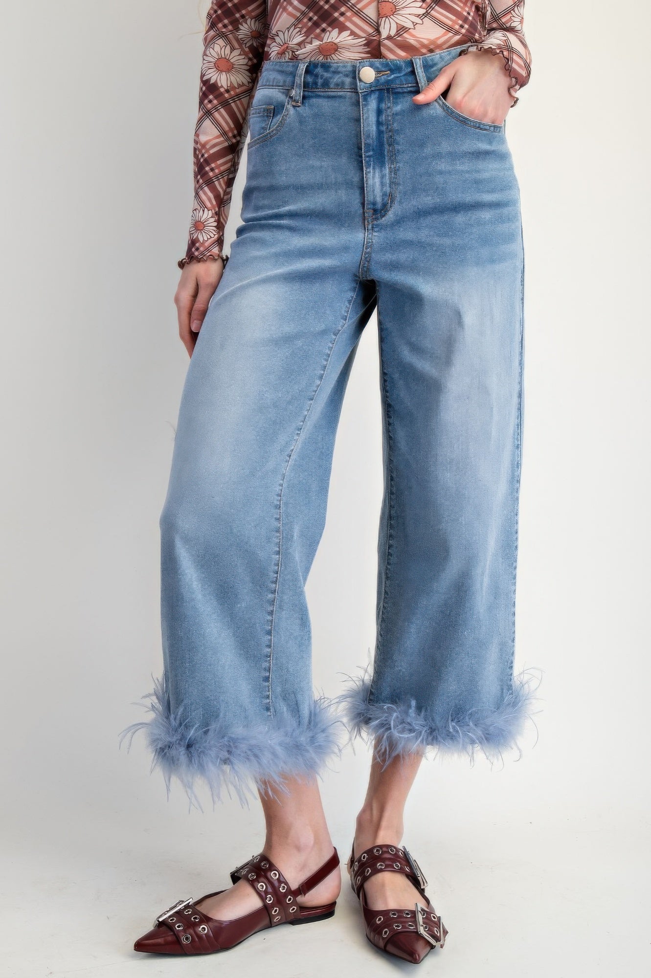 Fur Bottom Hem Washed Stretch Denim Pants - Wear Arielle