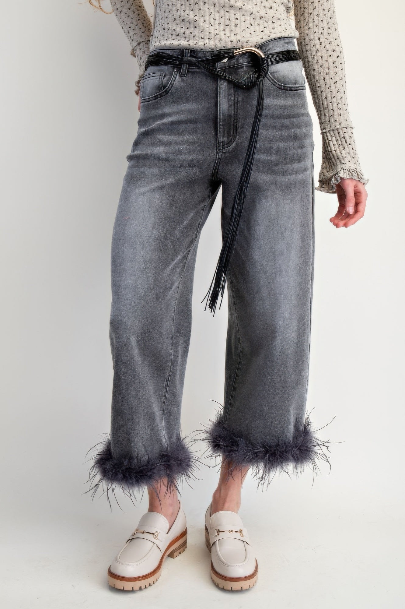 Fur Bottom Hem Washed Stretch Denim Pants - Wear Arielle