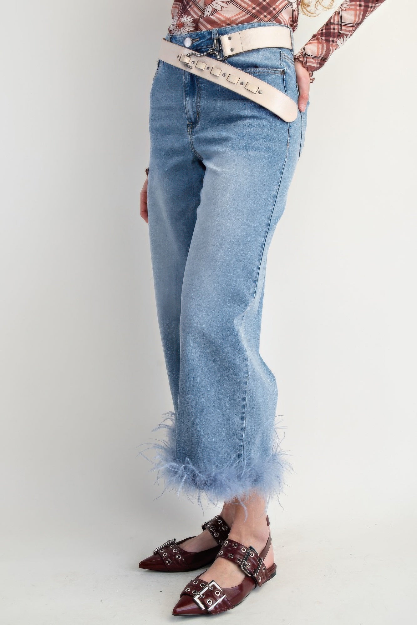 Fur Bottom Hem Washed Stretch Denim Pants - Wear Arielle