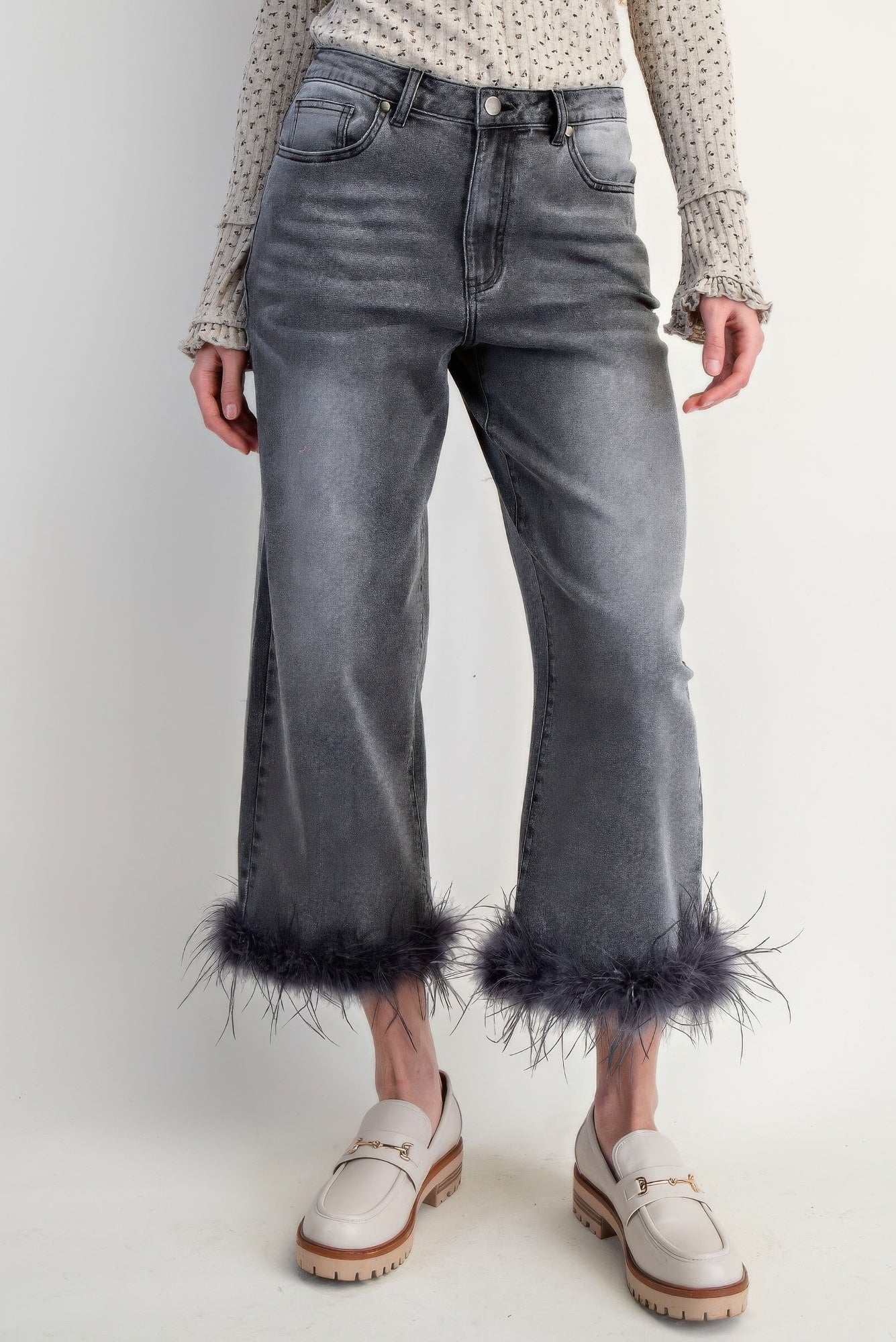 Fur Bottom Hem Washed Stretch Denim Pants - Wear Arielle