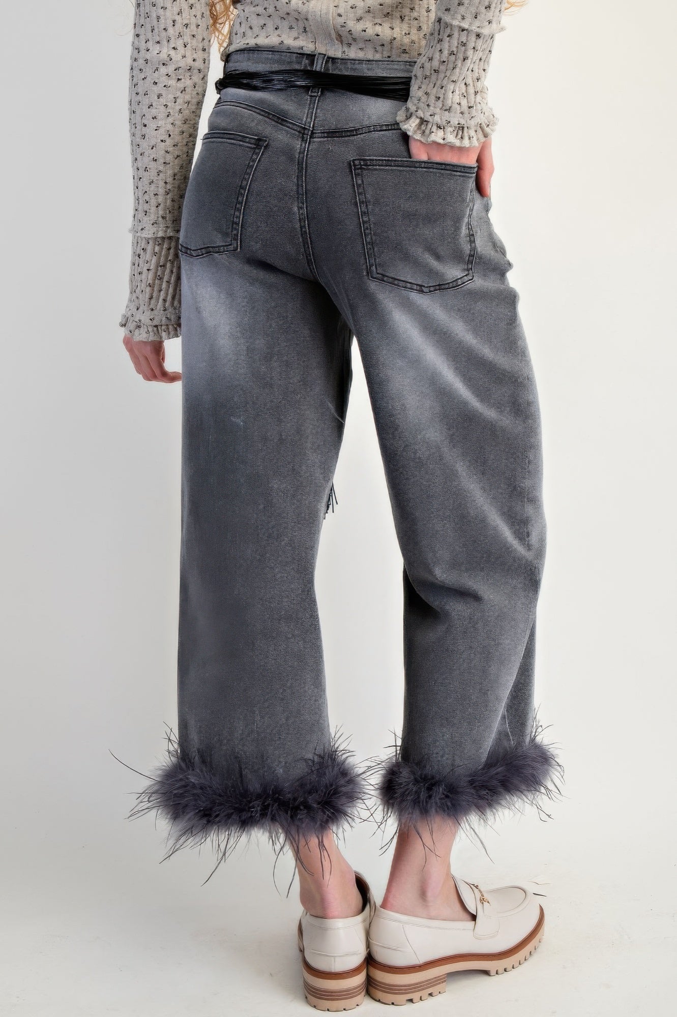 Fur Bottom Hem Washed Stretch Denim Pants - Wear Arielle