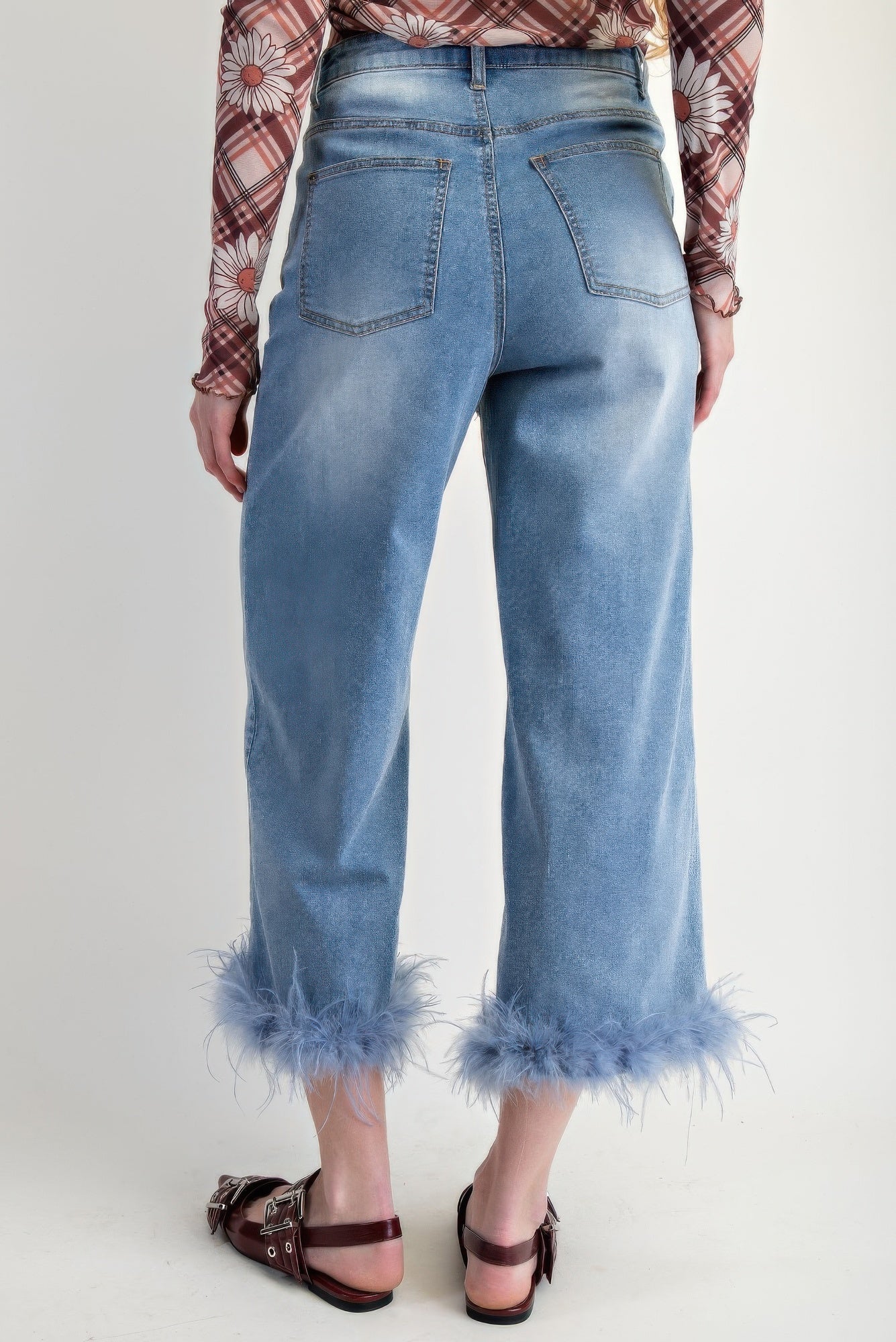 Fur Bottom Hem Washed Stretch Denim Pants - Wear Arielle