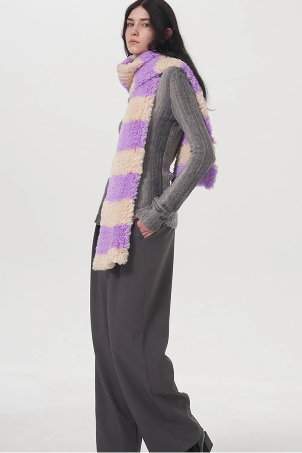 Fuzzy Contrast Striped Scarf - Wear Arielle
