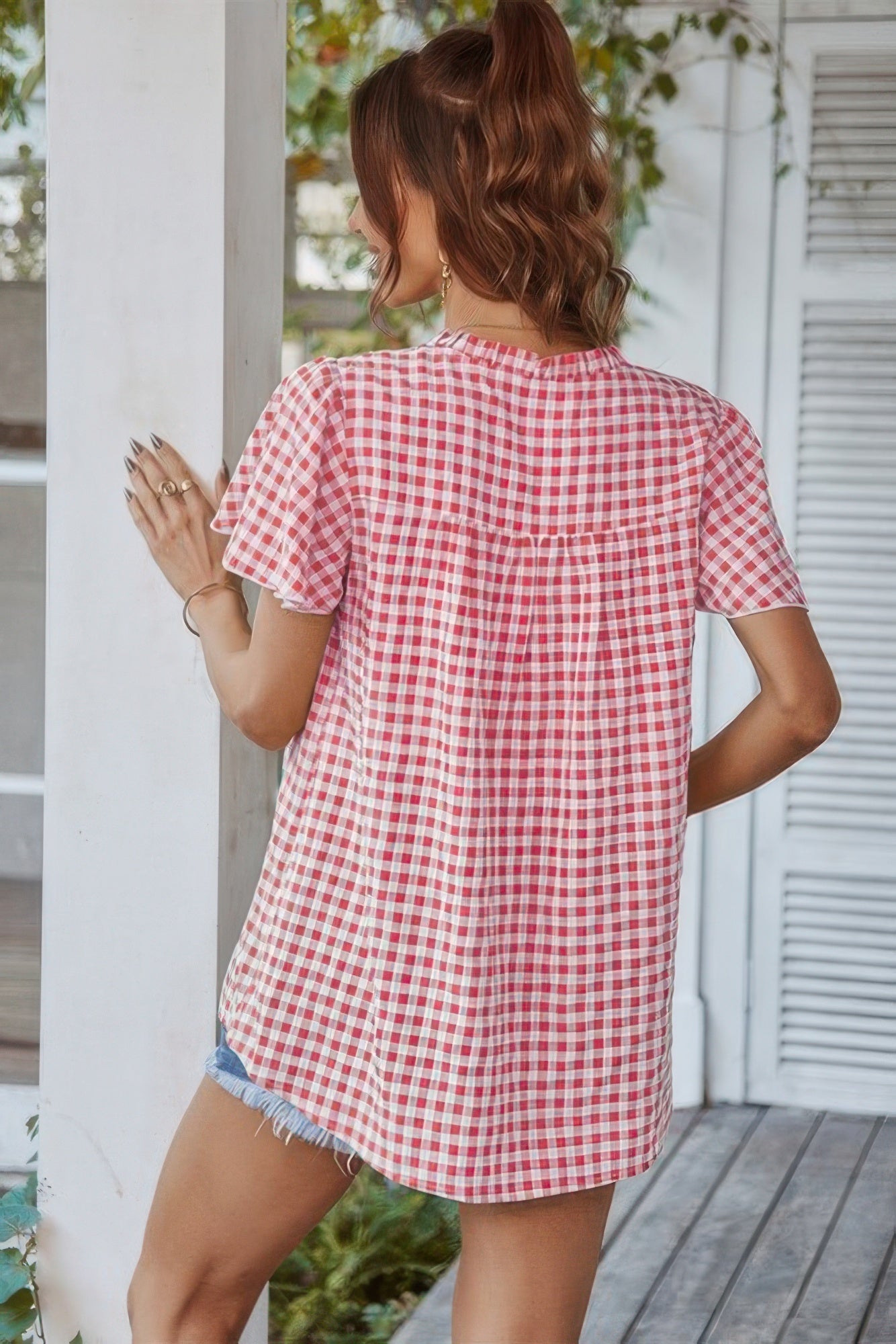 Gingham V Neck Plaid Loose Drawstring Blouse - Wear Arielle