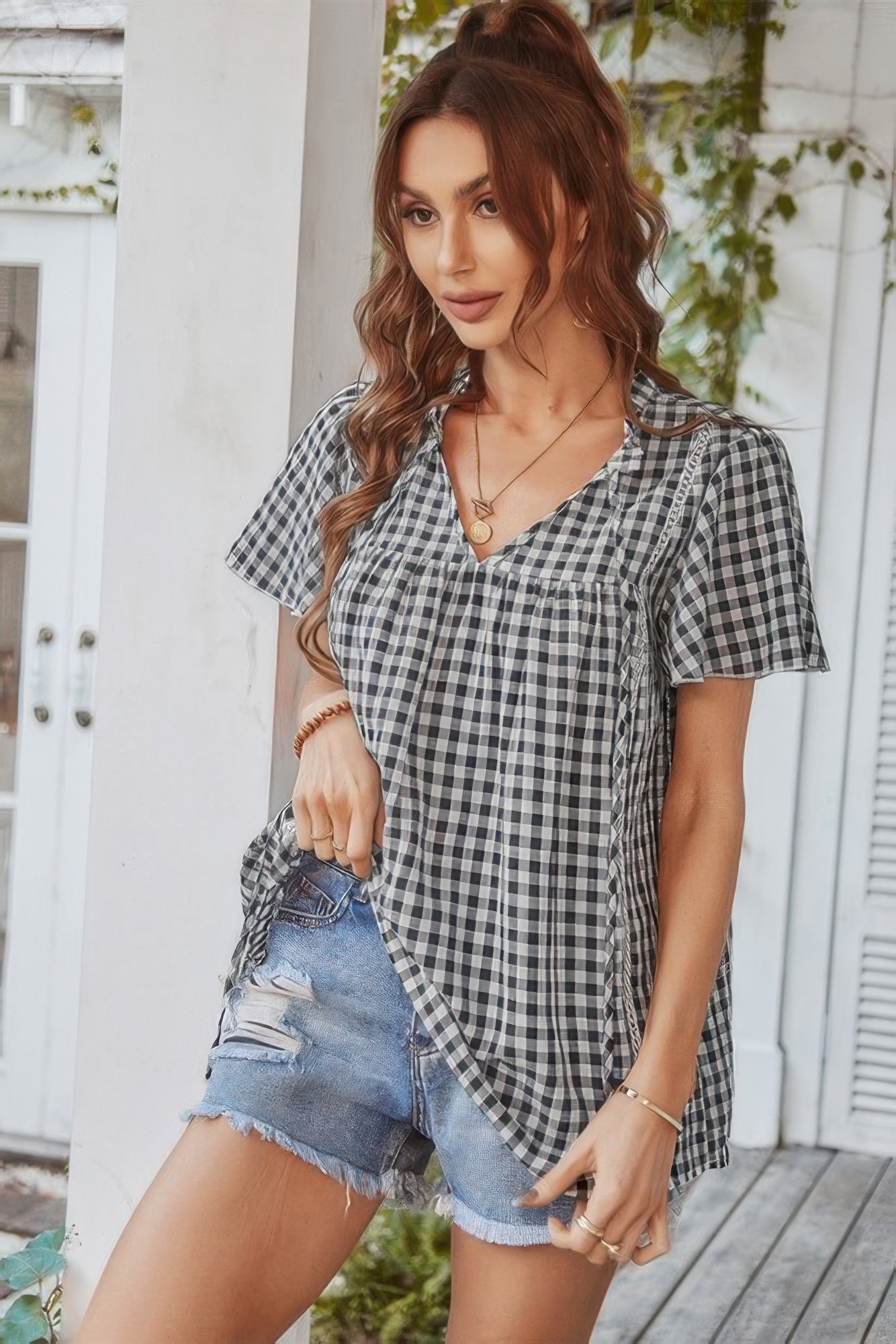 Gingham V Neck Plaid Loose Drawstring Blouse - Wear Arielle
