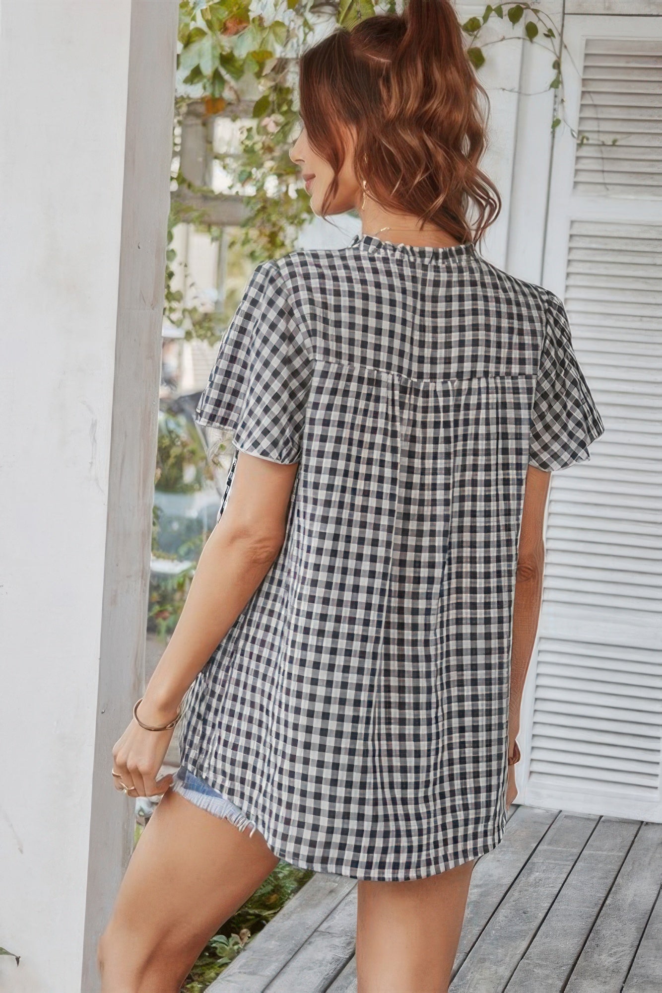 Gingham V Neck Plaid Loose Drawstring Blouse - Wear Arielle
